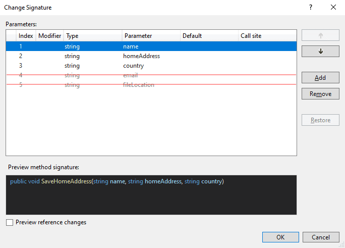Remove method parameters with Visual Studio